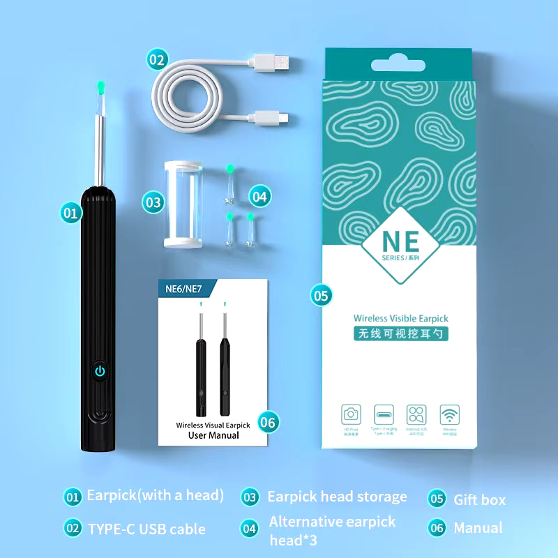 Smart Visual Ear Cleaner with Camera 1296P Ear Sticks USB C Charging Ear Wax Removal Tool WIFI Connection 6 LED Lights Earpick